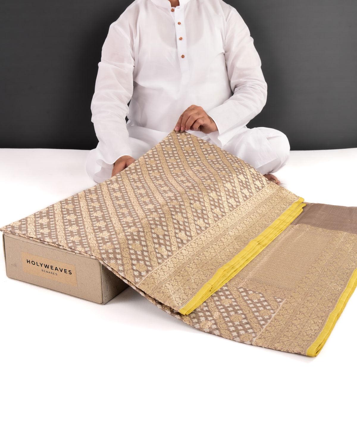 Brown Banarasi Gold Zari & White Resham Alfi Diagonal Cutwork Brocade Handwoven Cotton Silk Saree - By HolyWeaves, Benares