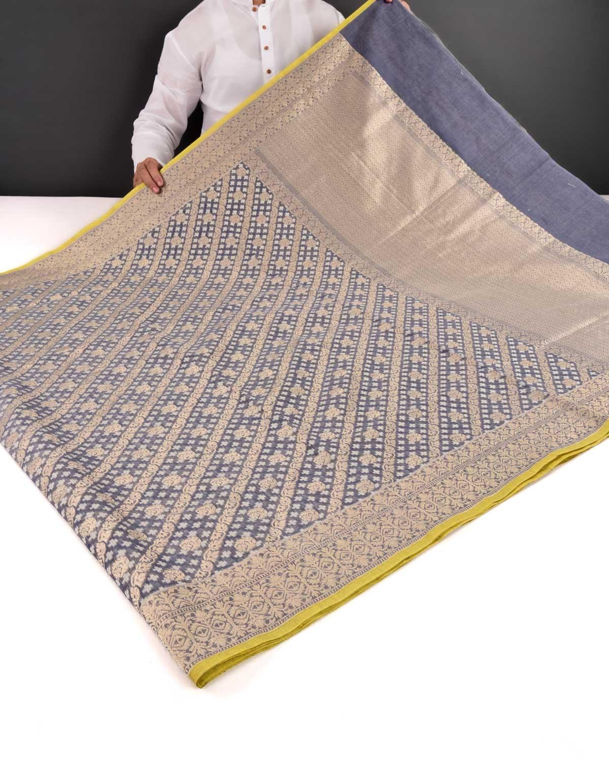 Gray Banarasi Gold Zari & White Resham Alfi Diagonal Cutwork Brocade Handwoven Cotton Silk Saree - By HolyWeaves, Benares