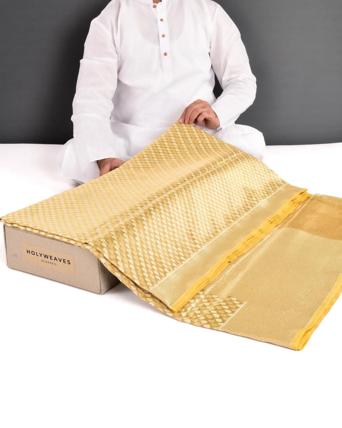 Metallic Green Banarasi Resham & Gold Zari Ghani Buti Cutwork Brocade Handwoven Kora Tissue Saree - By HolyWeaves, Benares