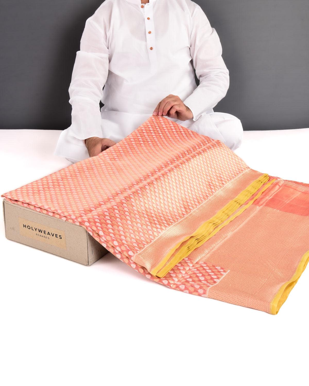 Metallic Peach Banarasi Resham & Gold Zari Ghani Buti Cutwork Brocade Handwoven Kora Tissue Saree - By HolyWeaves, Benares