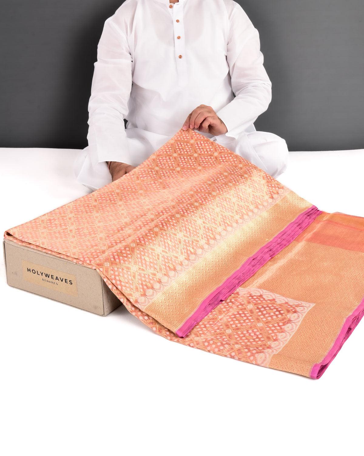 Metallic Pink Banarasi Resham & Gold Zari Gharchola Cutwork Brocade Handwoven Kora Tissue Saree - By HolyWeaves, Benares