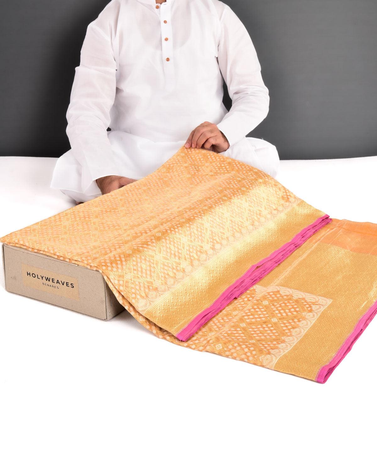Metallic Yellow Banarasi Resham & Gold Zari Gharchola Cutwork Brocade Handwoven Kora Tissue Saree - By HolyWeaves, Benares