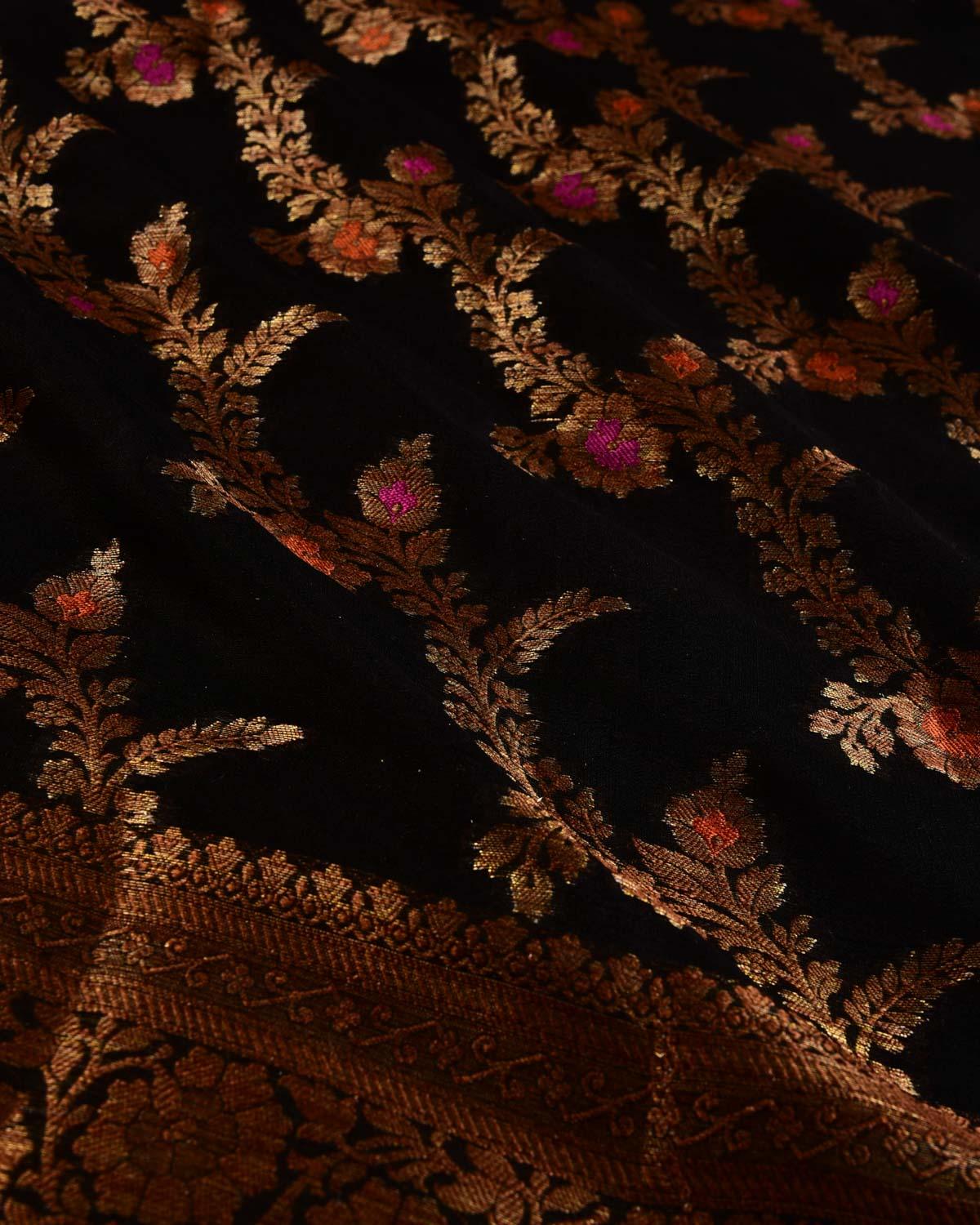 Black Banarasi Lightweight Antique Zari Meenedaar Jaal Cutwork Brocade Woven Khaddi Georgette Saree - By HolyWeaves, Benares