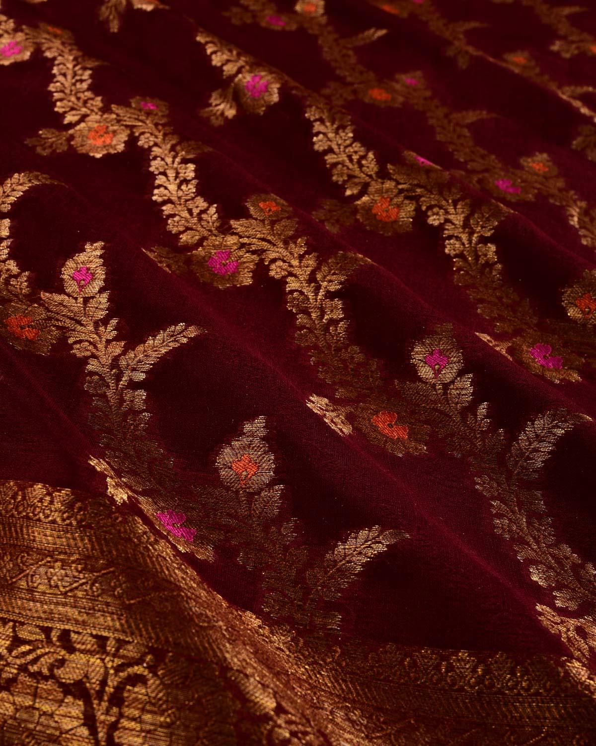 Mahogany Banarasi Lightweight Antique Zari Meenedaar Jaal Cutwork Brocade Woven Khaddi Georgette Saree - By HolyWeaves, Benares