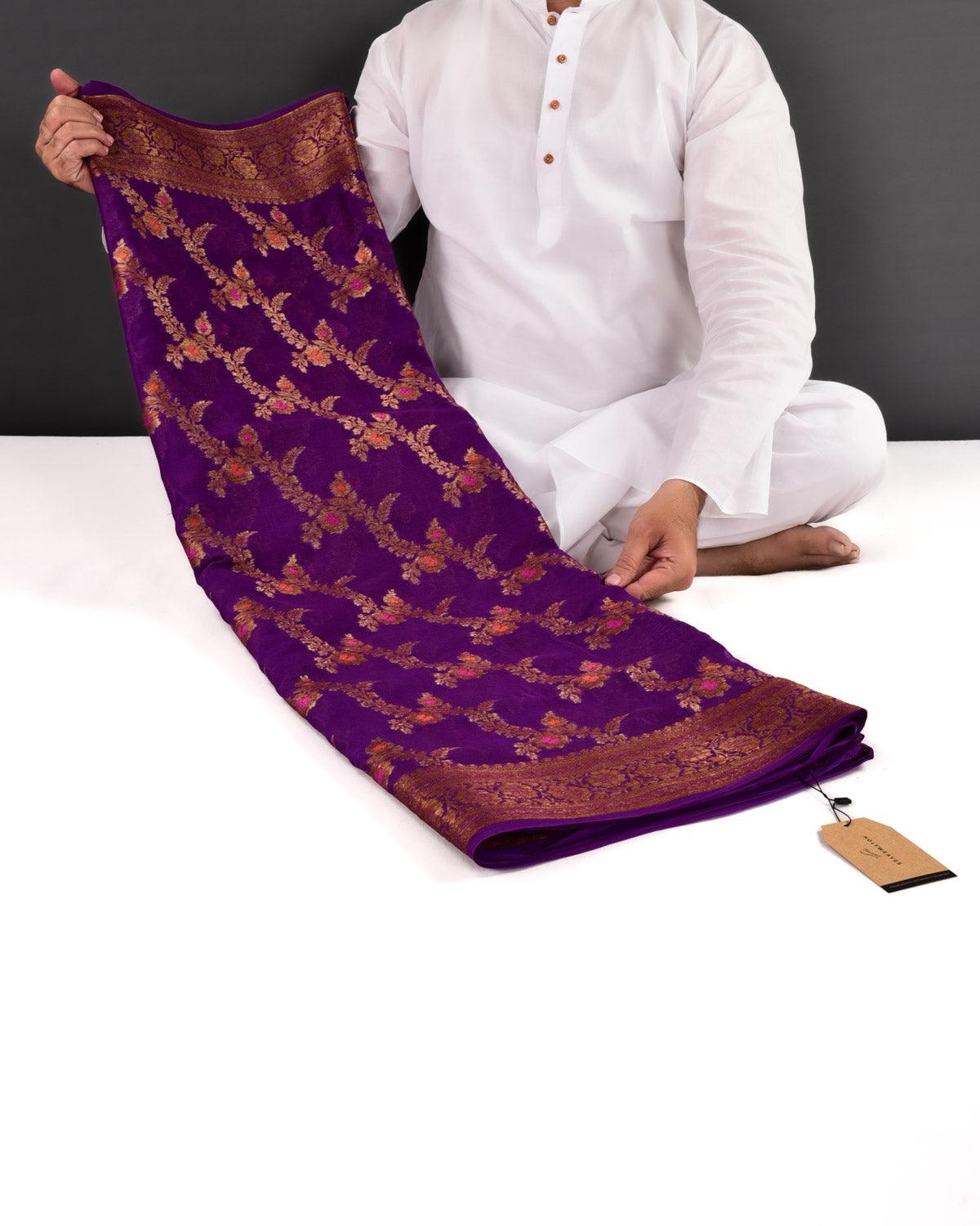 Purple Banarasi Lightweight Antique Zari Meenedaar Jaal Cutwork Brocade Woven Khaddi Georgette Saree - By HolyWeaves, Benares