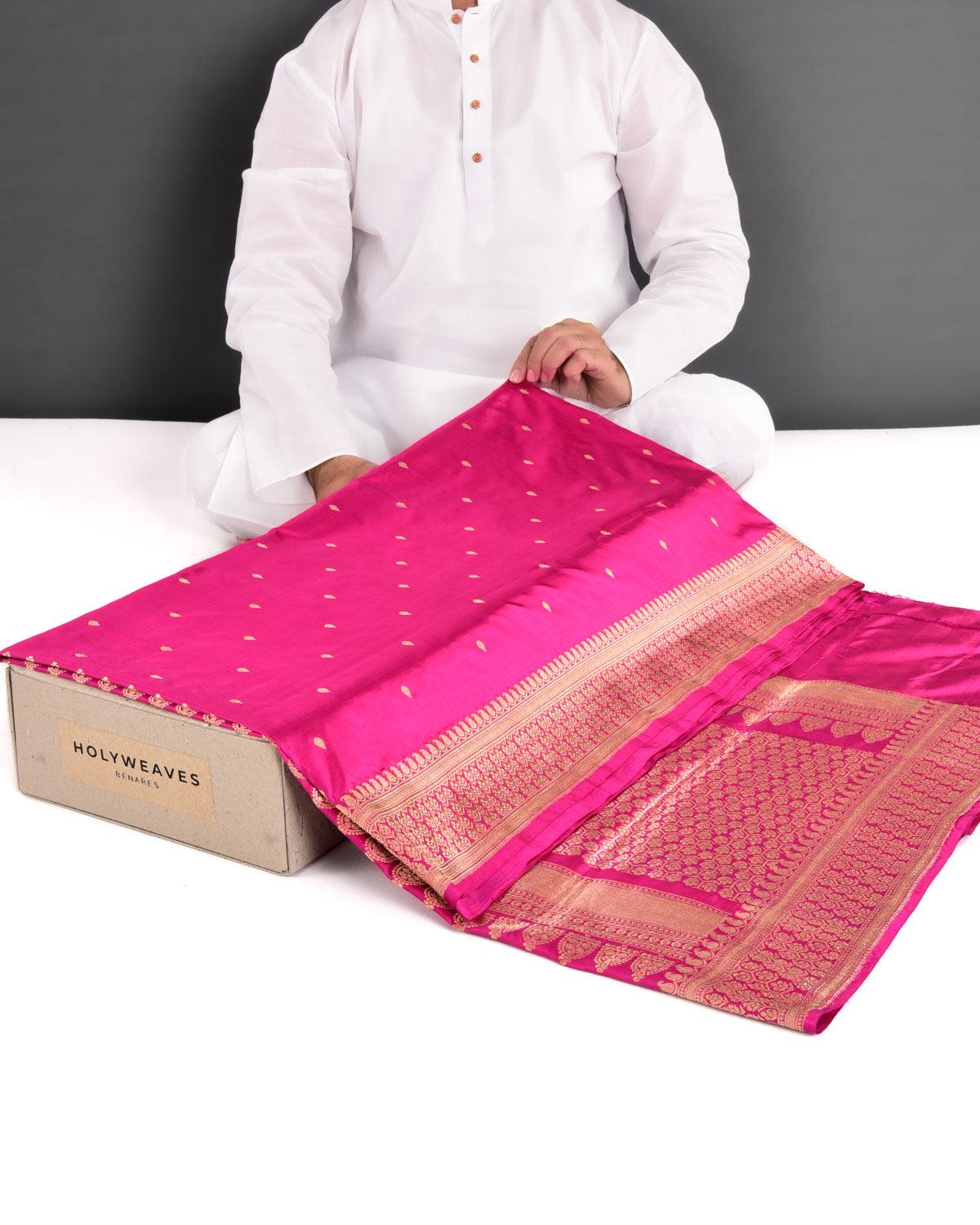 Rani Pink Banarasi Gold Zari Raindrop Buti Lightweight Kadhuan Brocade Handwoven Katan Silk Saree - By HolyWeaves, Benares