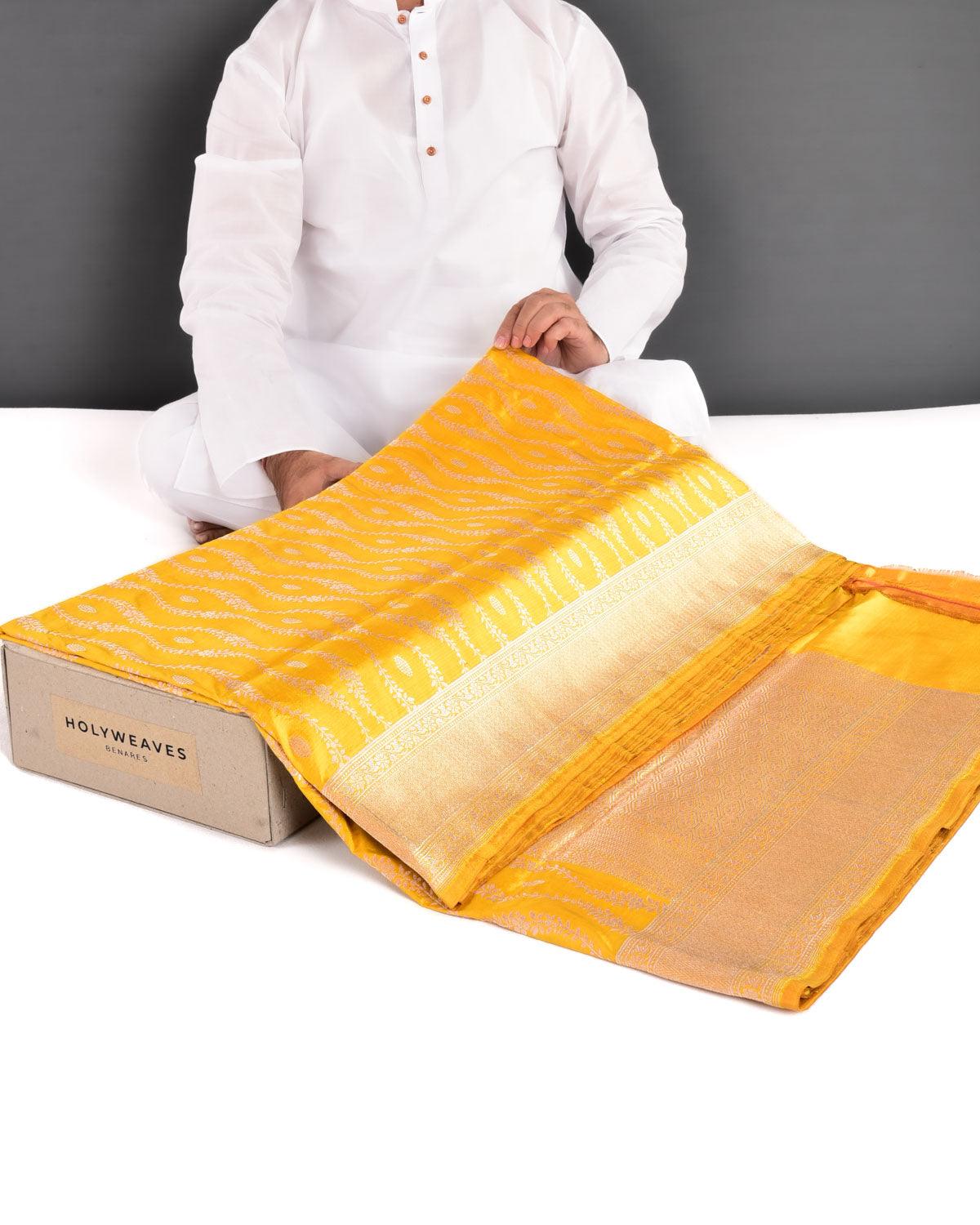 Marigold Yellow Banarasi Gold Zari Cutwork Brocade Handwoven Katan Silk Saree - By HolyWeaves, Benares