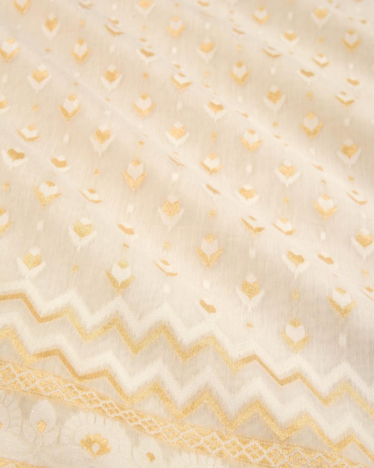 White Banarasi Gold Zari & White Resham Alfi Buti Cutwork Brocade Woven Art Cotton Silk Saree - By HolyWeaves, Benares