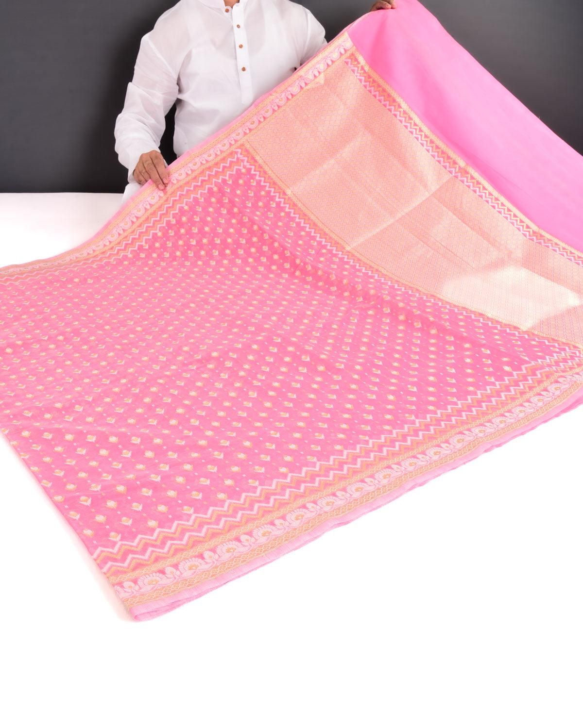 Pink Banarasi Gold Zari & White Resham Alfi Buti Cutwork Brocade Woven Art Cotton Silk Saree - By HolyWeaves, Benares