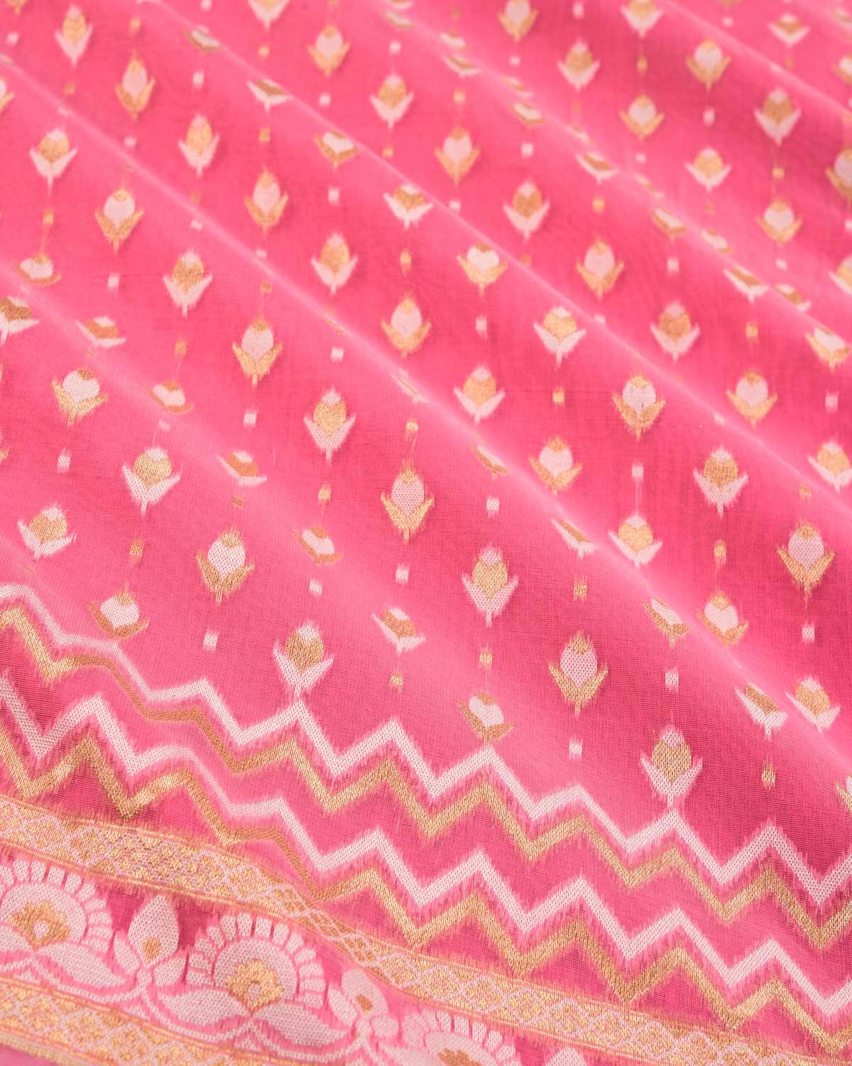Pink Banarasi Gold Zari & White Resham Alfi Buti Cutwork Brocade Woven Art Cotton Silk Saree - By HolyWeaves, Benares