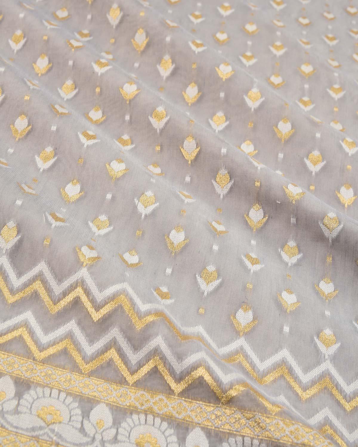 Gray Banarasi Gold Zari & White Resham Alfi Buti Cutwork Brocade Woven Art Cotton Silk Saree - By HolyWeaves, Benares