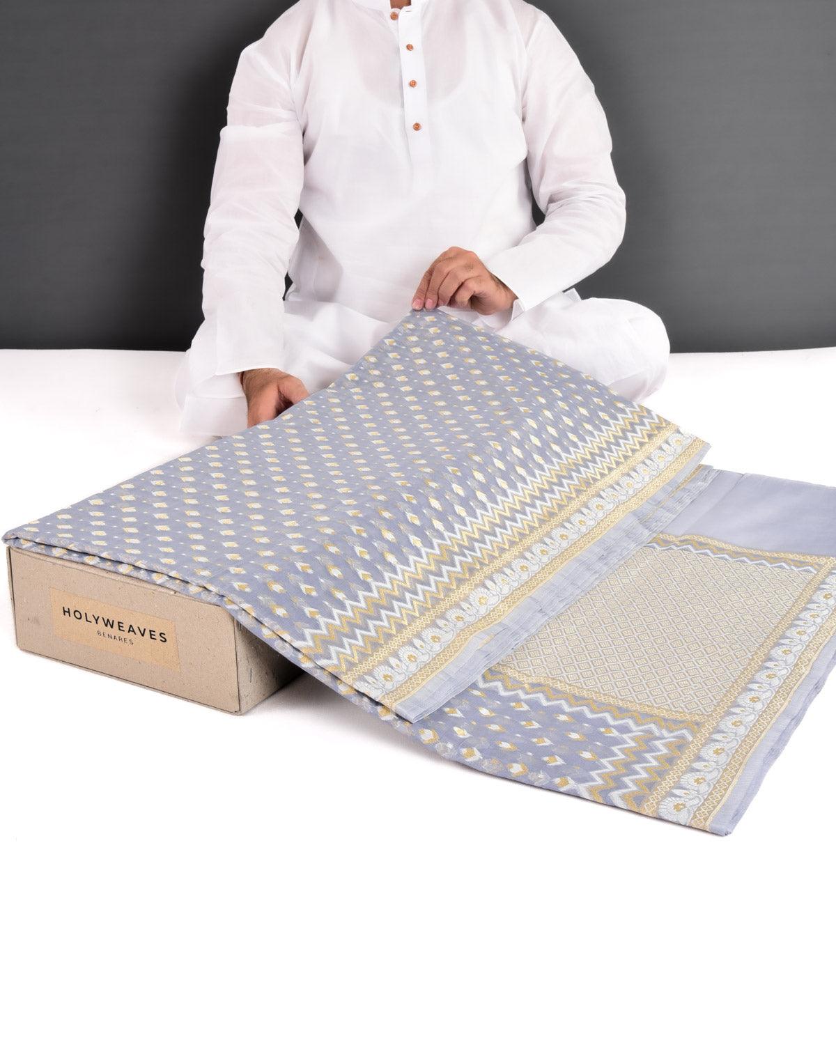 Gray Banarasi Gold Zari & White Resham Alfi Buti Cutwork Brocade Woven Art Cotton Silk Saree - By HolyWeaves, Benares