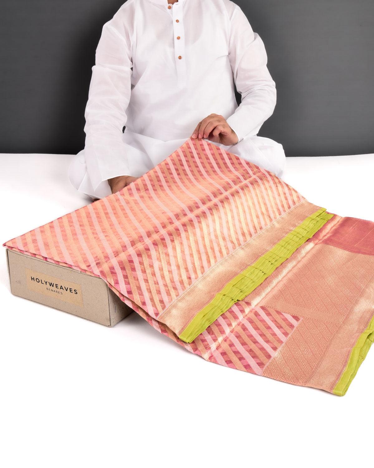 Metallic Pink Banarasi Resham & Gold Zari Diagonal Stripes Cutwork Brocade Handwoven Kora Tissue Saree - By HolyWeaves, Benares