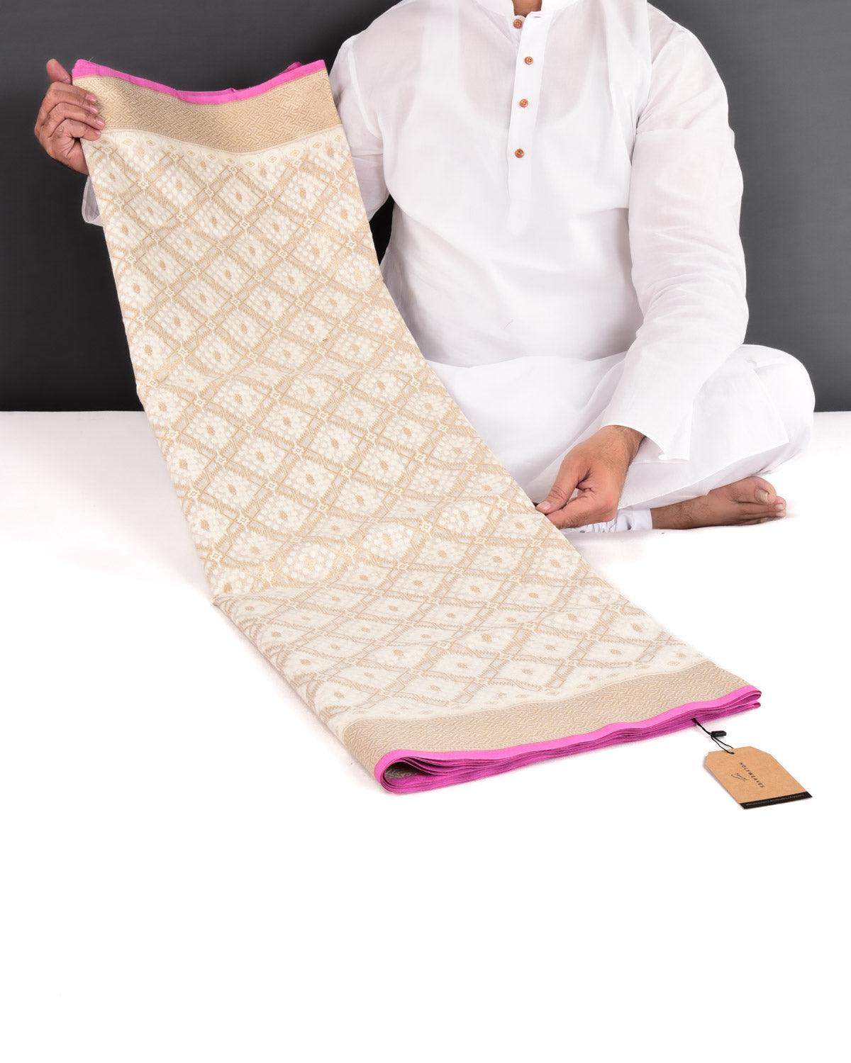 White Banarasi Resham & Gold Zari Grids Cutwork Brocade Handwoven Cotton Silk Saree - By HolyWeaves, Benares