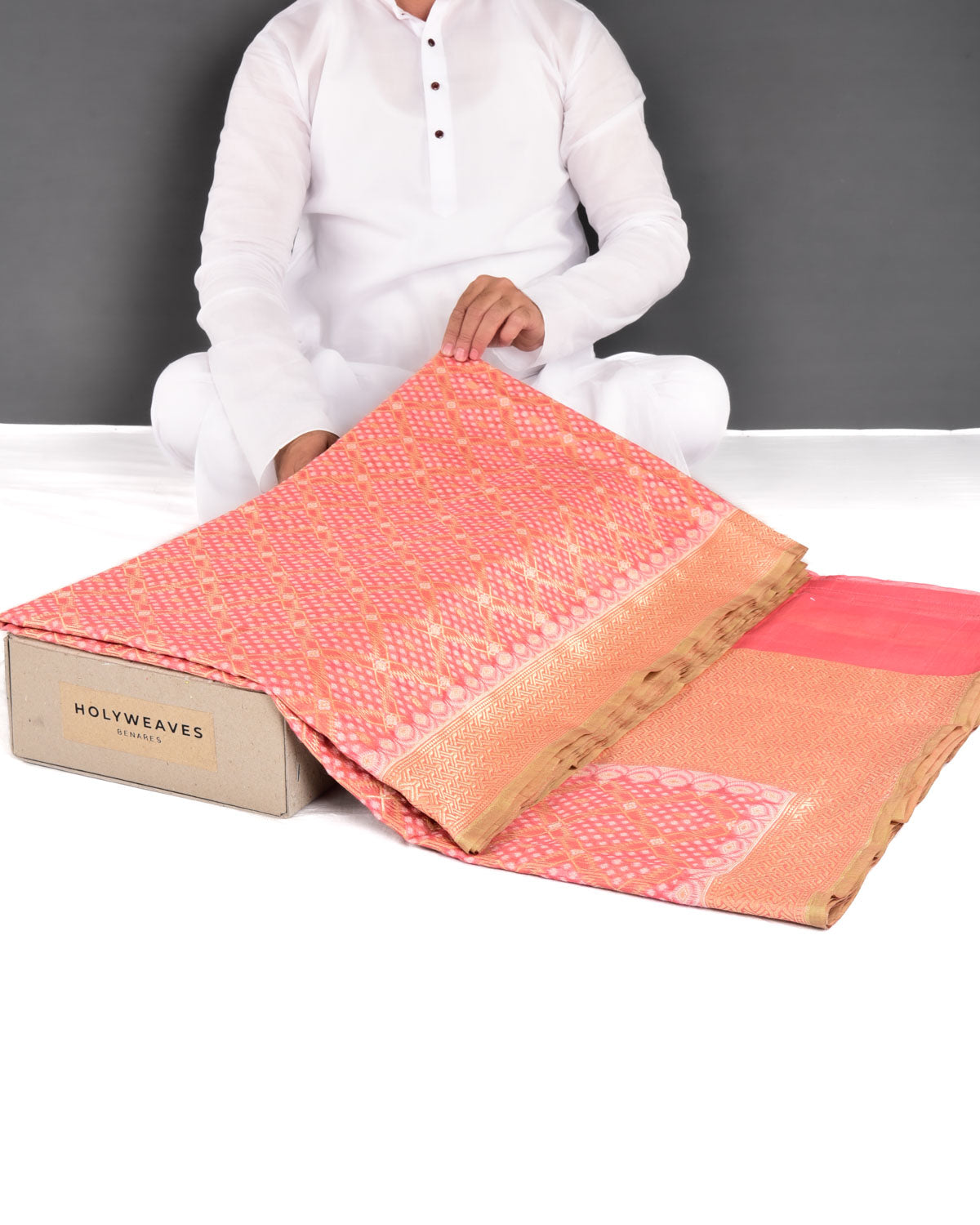 Deep Peach Banarasi Resham & Gold Zari Grids Cutwork Brocade Handwoven Cotton Silk Saree - By HolyWeaves, Benares