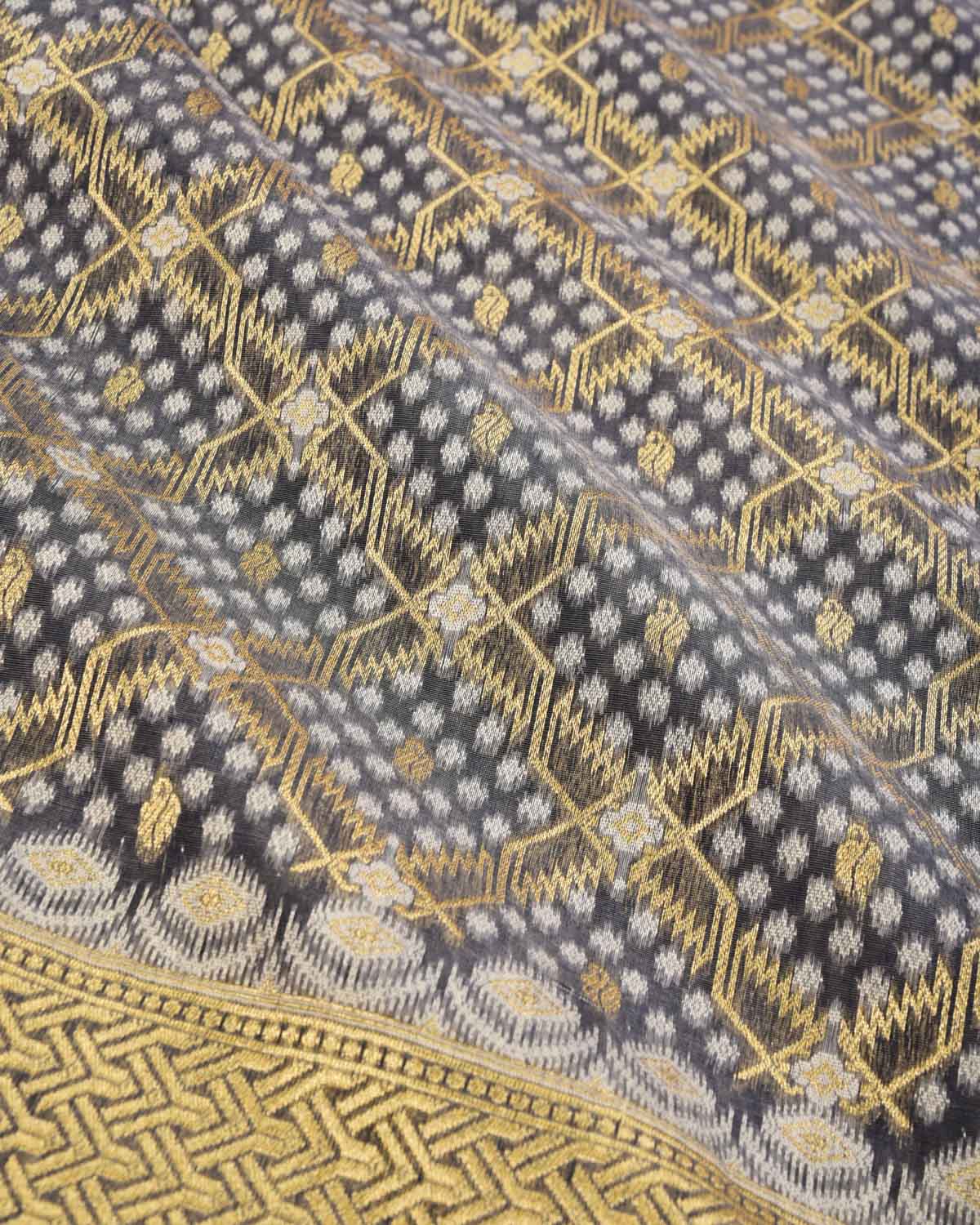 Deep Gray Banarasi Resham & Gold Zari Grids Cutwork Brocade Handwoven Cotton Silk Saree - By HolyWeaves, Benares