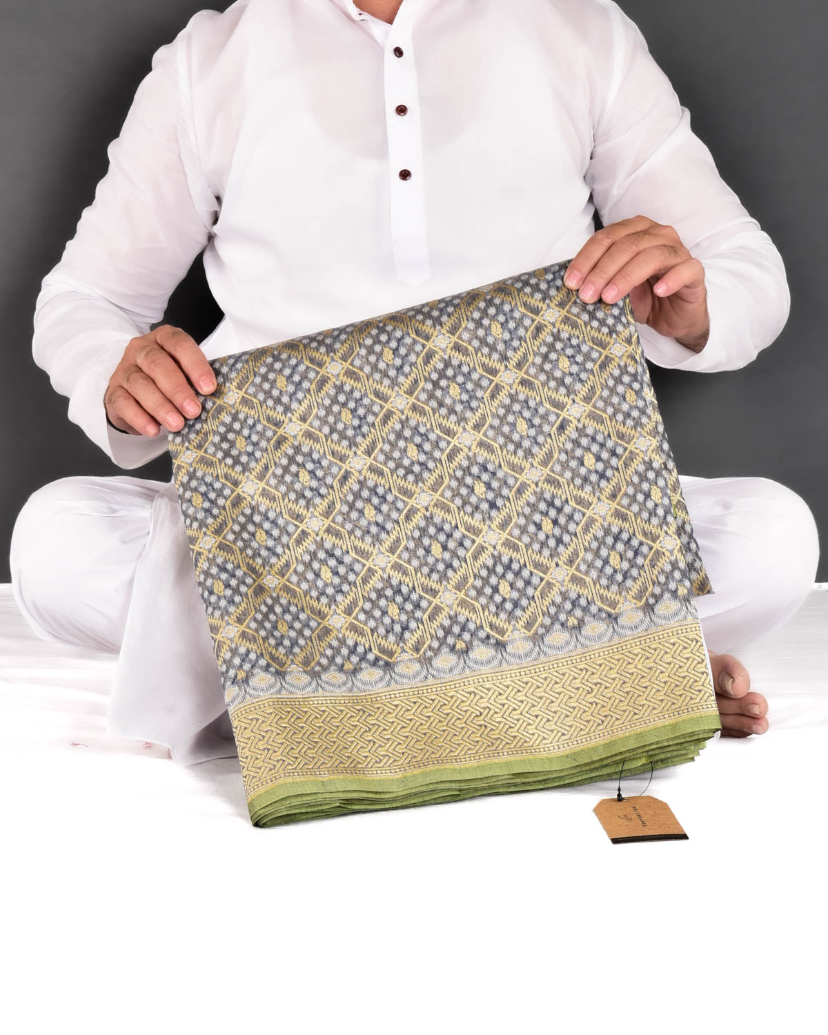 Deep Gray Banarasi Resham & Gold Zari Grids Cutwork Brocade Handwoven Cotton Silk Saree - By HolyWeaves, Benares