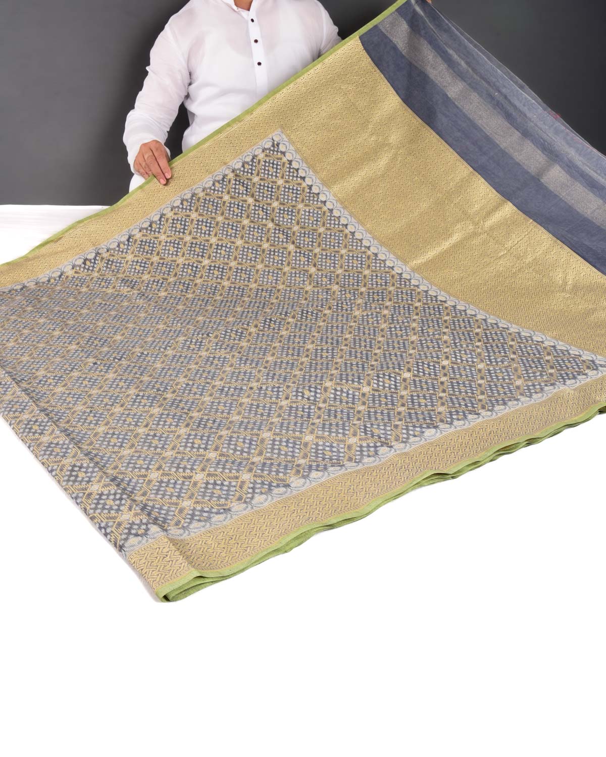 Deep Gray Banarasi Resham & Gold Zari Grids Cutwork Brocade Handwoven Cotton Silk Saree - By HolyWeaves, Benares
