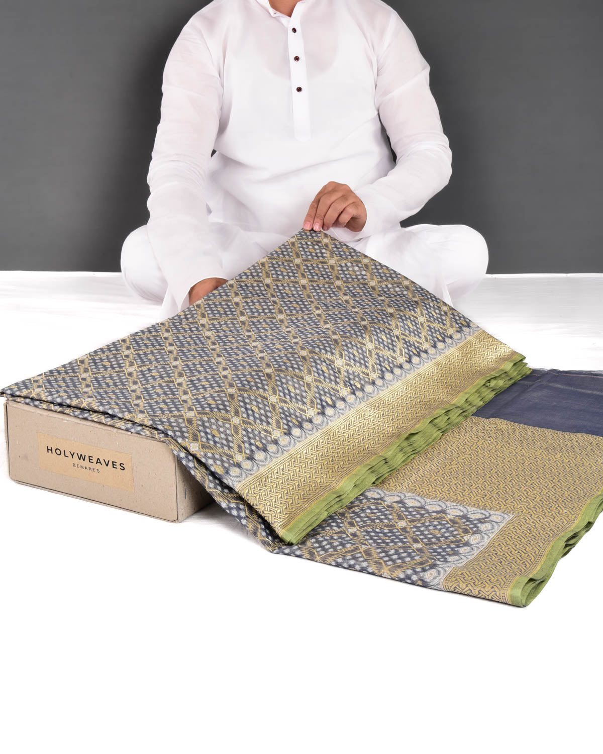 Deep Gray Banarasi Resham & Gold Zari Grids Cutwork Brocade Handwoven Cotton Silk Saree - By HolyWeaves, Benares