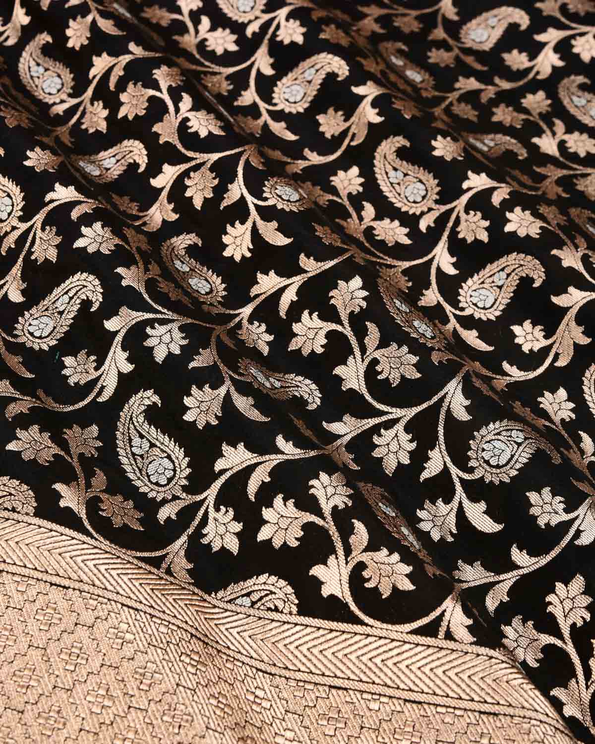 Black Banarasi Alfi Sona Rupa Paisley Jaal Cutwork Brocade Handwoven Katan Silk Saree - By HolyWeaves, Benares