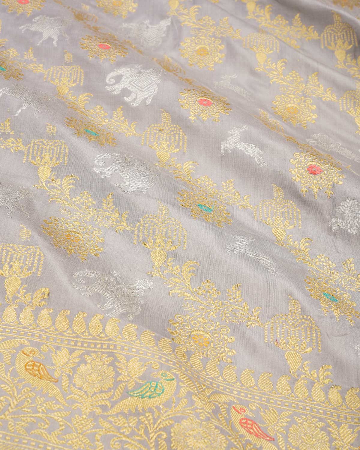 Gray Banarasi Rajaji Shikargah Kadhuan Brocade Handwoven Katan Silk Saree - By HolyWeaves, Benares