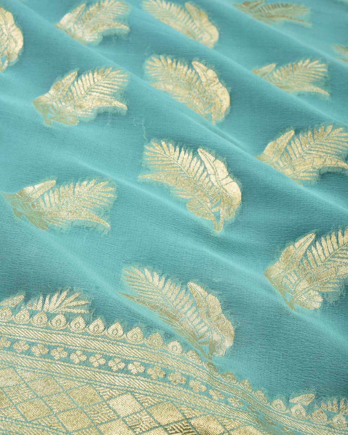 Turquoise Blue Banarasi Gold Zari Leaf Buti Cutwork Brocade Handwoven Khaddi Georgette Saree - By HolyWeaves, Benares