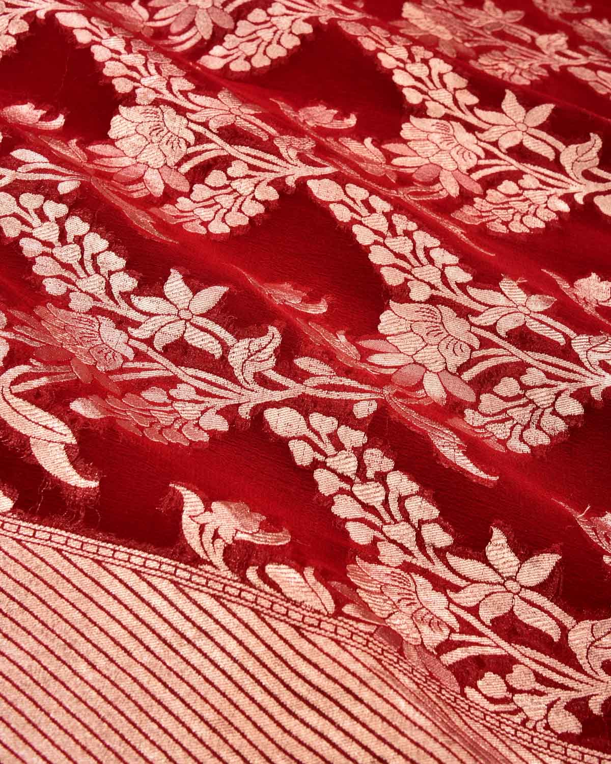 Red Banarasi Gold Zari Jaal Cutwork Brocade Handwoven Khaddi Georgette Saree - By HolyWeaves, Benares