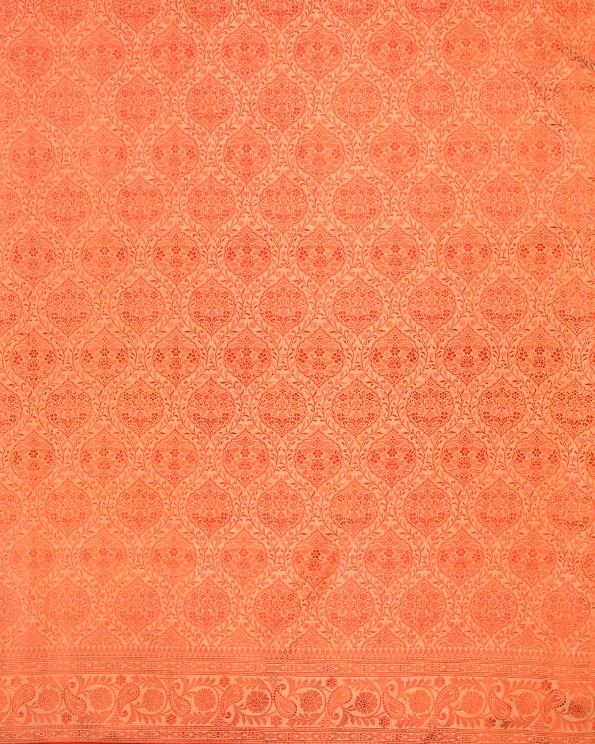Red On Beige Banarasi Resham Tanchoi Handwoven Katan Silk Saree - By HolyWeaves, Benares