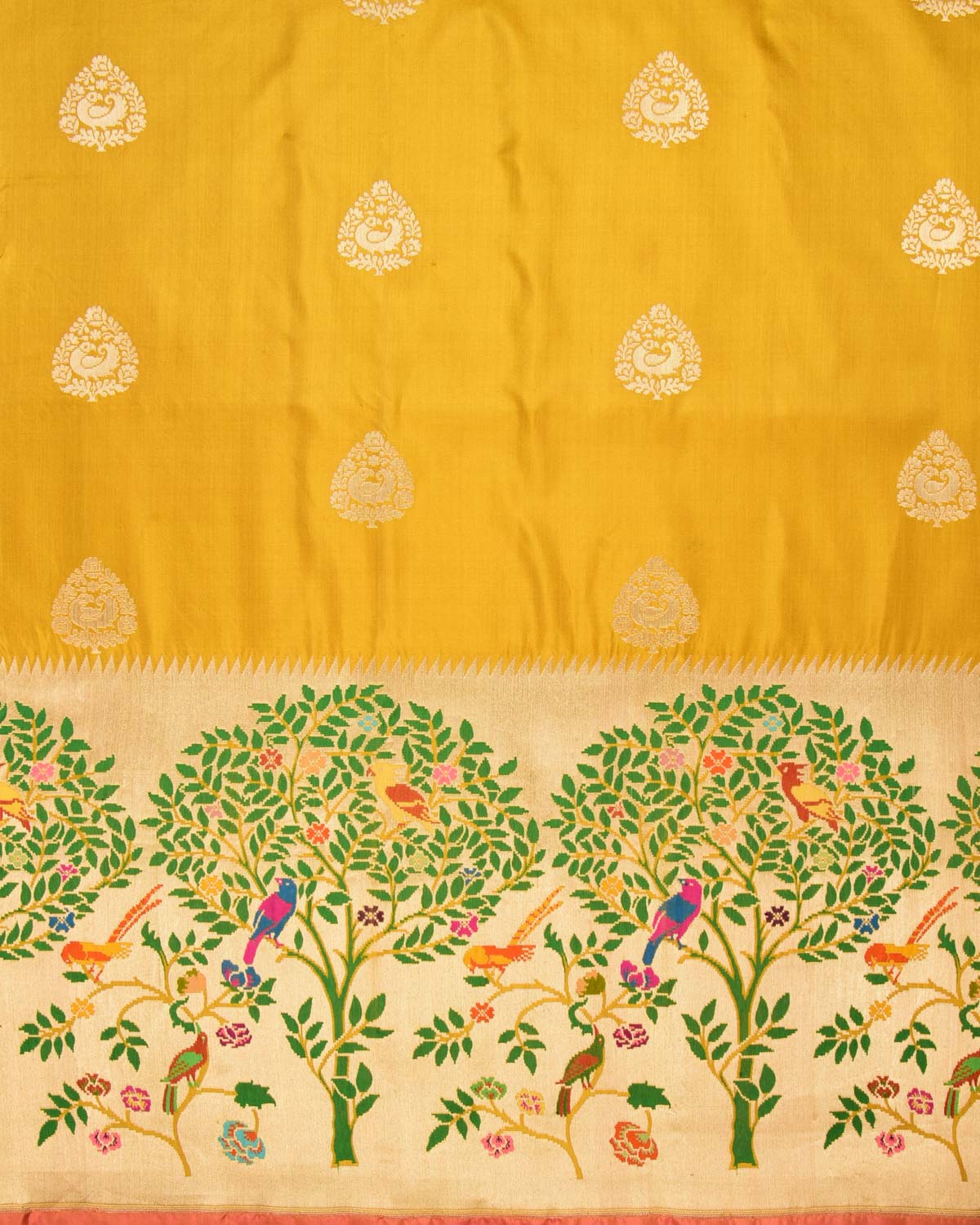 Dijon Yellow Banarasi "Birds of Paradise" Kadhuan Brocade Handwoven Katan Silk Saree - By HolyWeaves, Benares