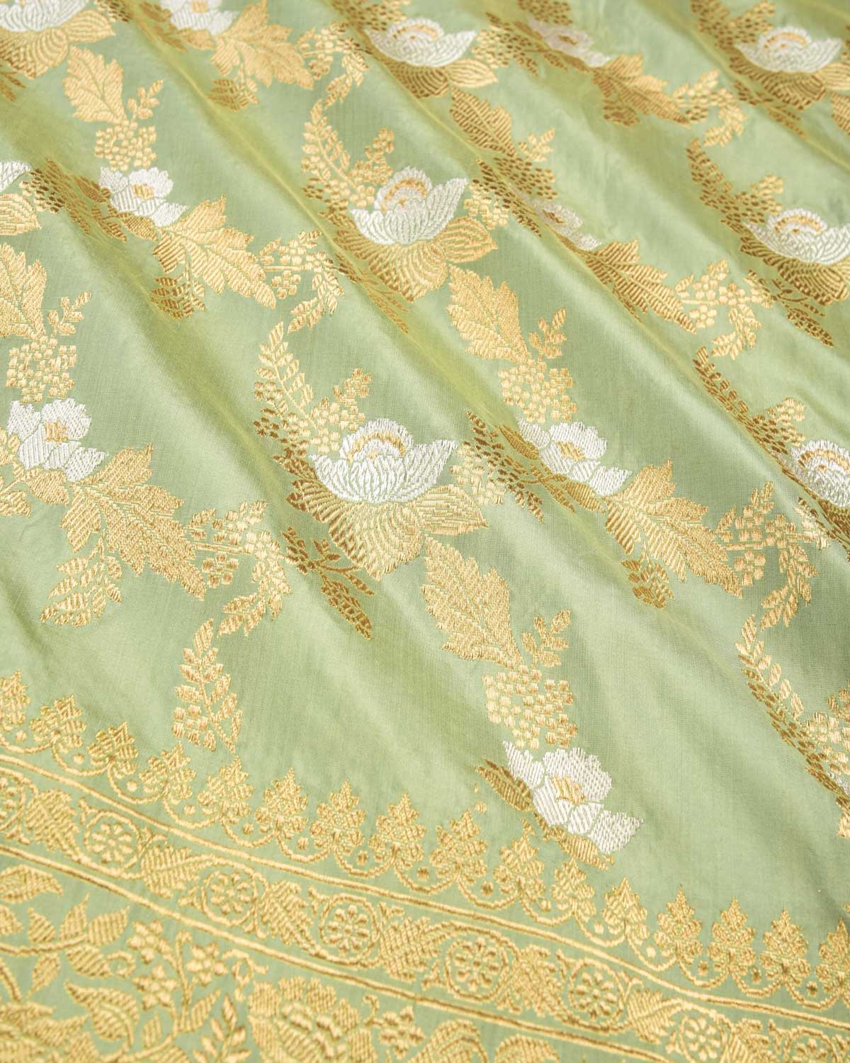 Laurel Green Banarasi Gold & Silver Zari Alfi Floral Jaal Kadhuan Brocade Handwoven Katan Silk Saree - By HolyWeaves, Benares