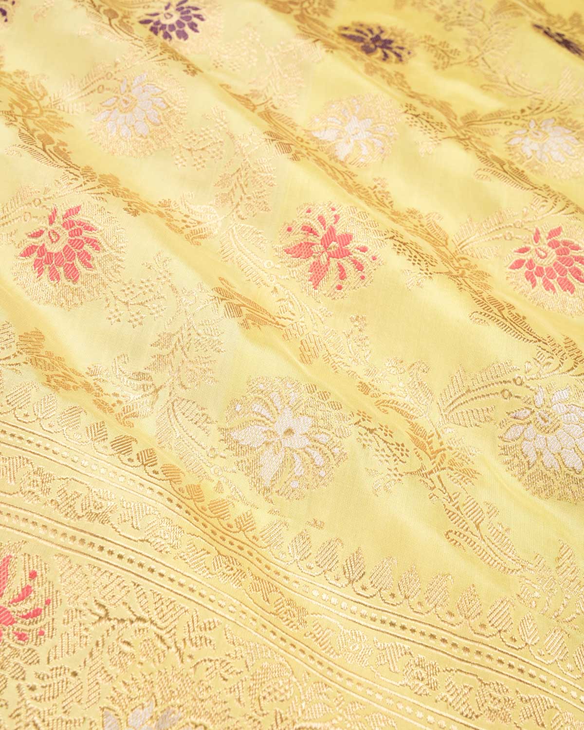 Lemon Yellow Banarasi Gold & Silver Zari with Resham Meena Kadhuan Brocade Handwoven Katan Silk Saree - By HolyWeaves, Benares