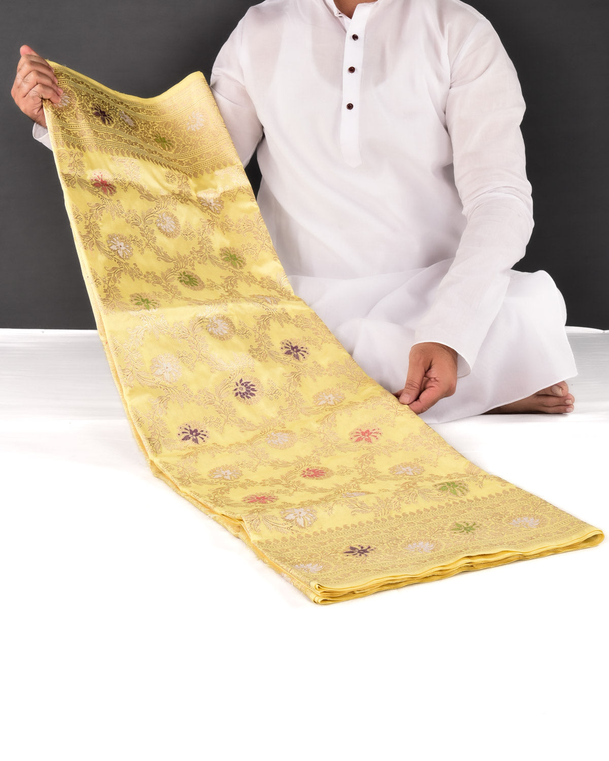 Lemon Yellow Banarasi Gold & Silver Zari with Resham Meena Kadhuan Brocade Handwoven Katan Silk Saree - By HolyWeaves, Benares