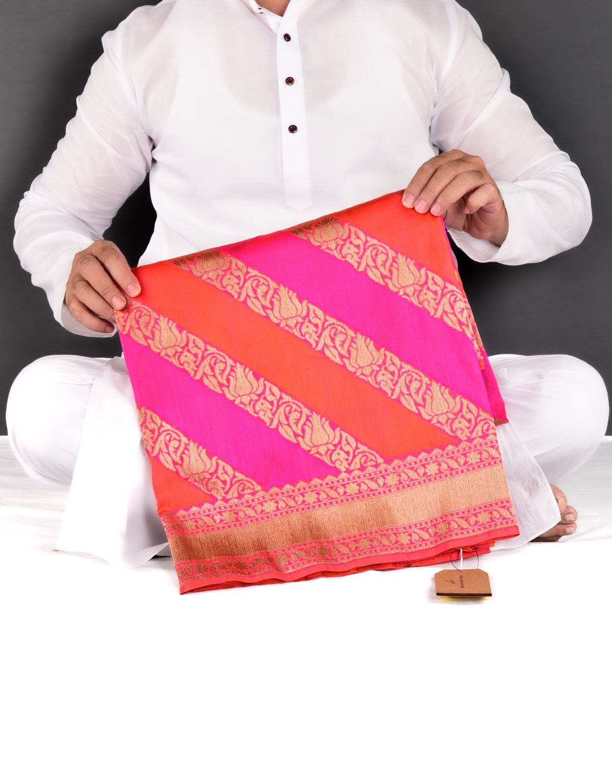 Pink-Orange Banarasi Gold Zari Diagonal Stripes Cutwork Brocade Handwoven Katan Silk Saree - By HolyWeaves, Benares