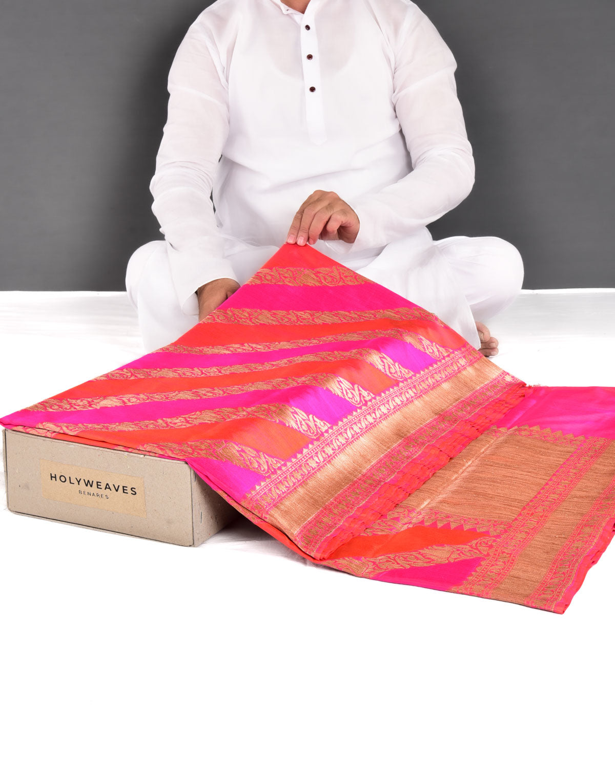 Pink-Orange Banarasi Gold Zari Diagonal Stripes Cutwork Brocade Handwoven Katan Silk Saree - By HolyWeaves, Benares