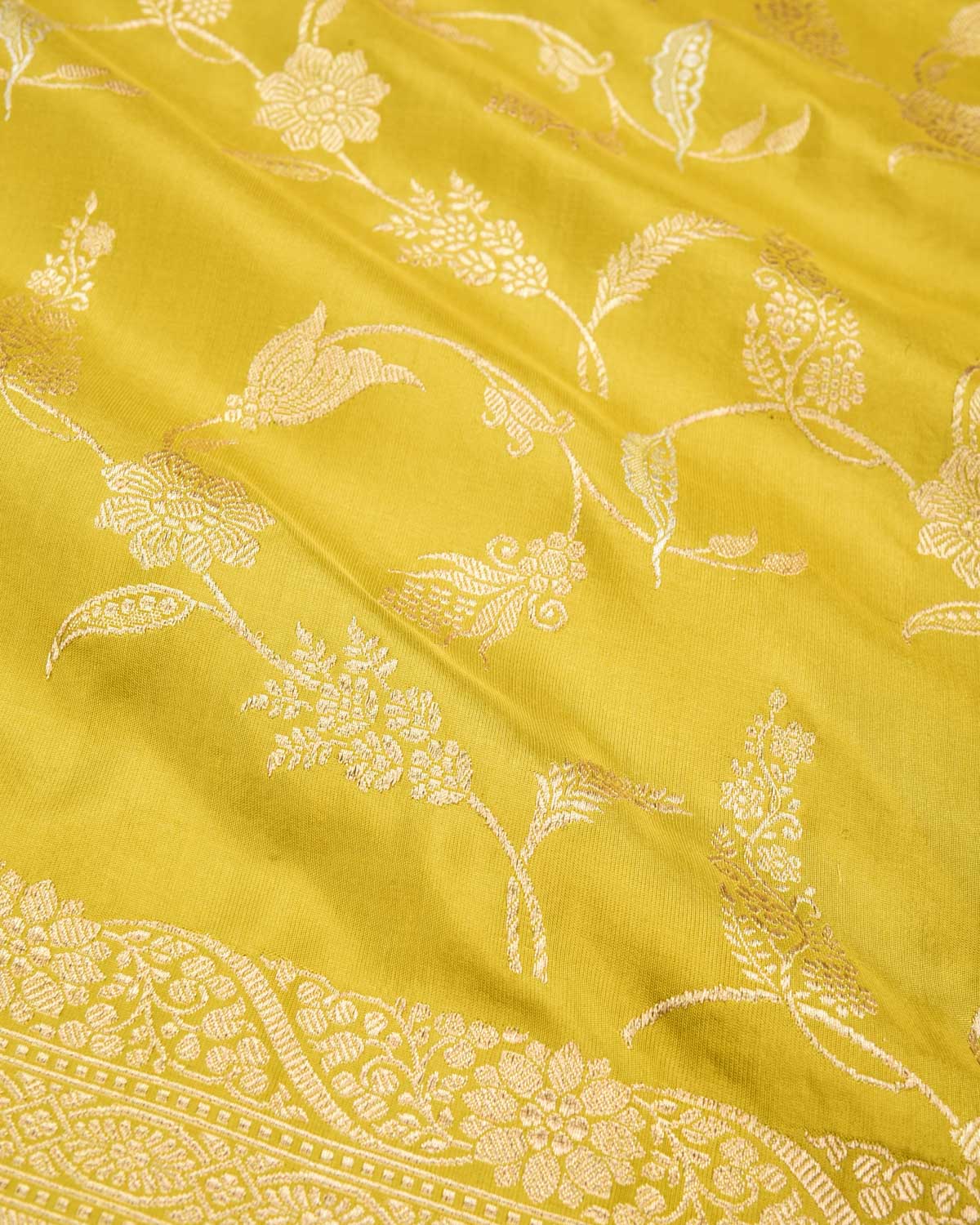Lime Green Banarasi Gold & Silver Zari Jaal Kadhuan Brocade Handwoven Katan Silk Saree - By HolyWeaves, Benares