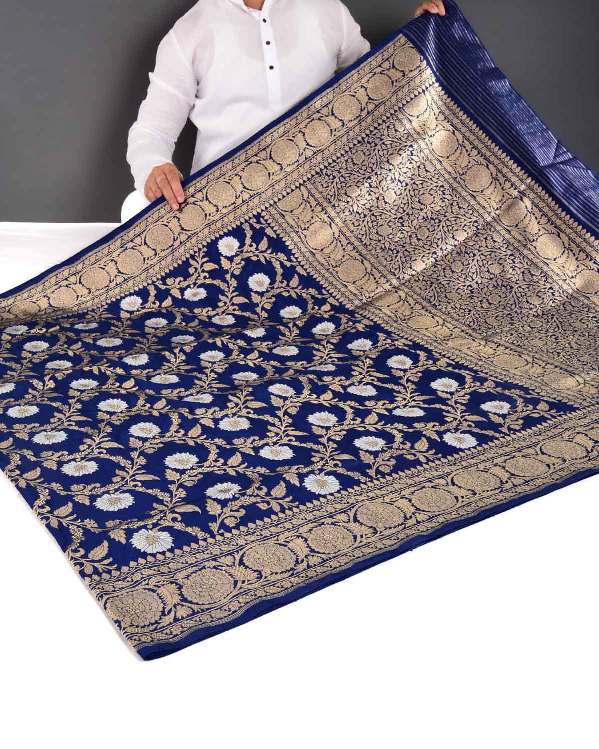 Navy Blue Banarasi Gold & Silver Zari Floral Jaal Kadhuan Brocade Handwoven Katan Silk Saree - By HolyWeaves, Benares