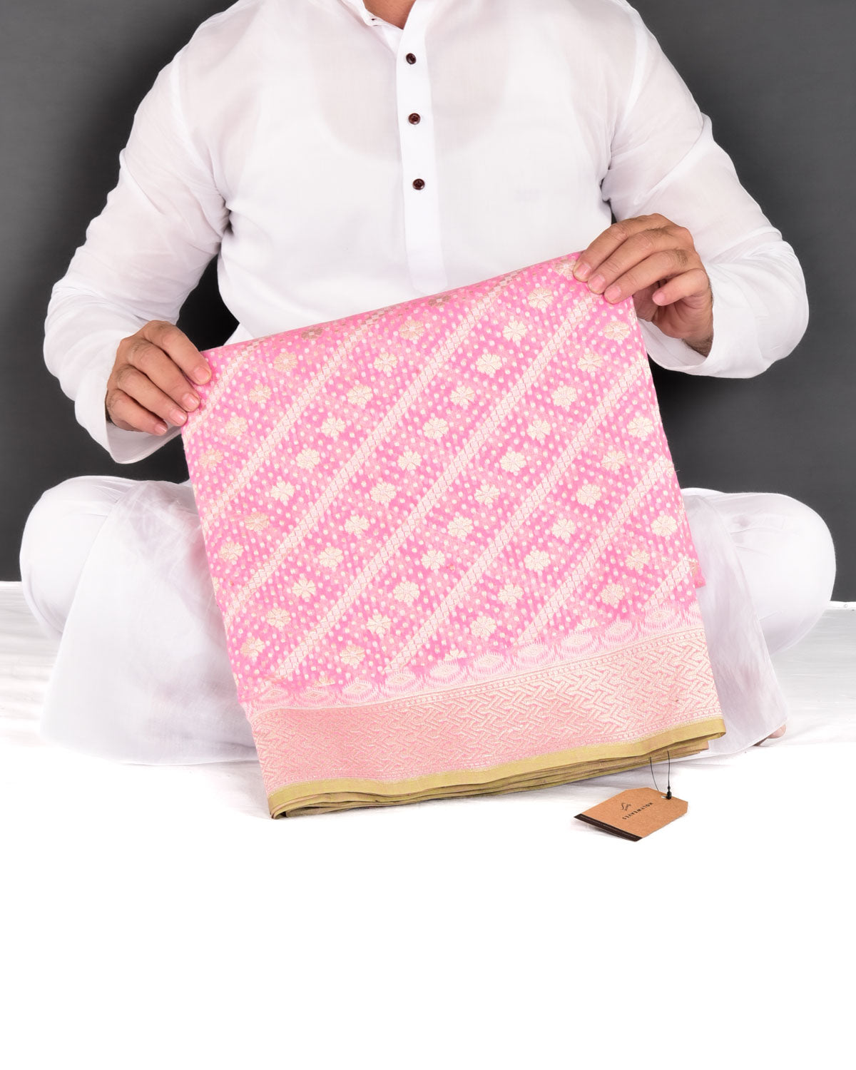 Pink Banarasi Gold Zari & White Resham Alfi Diagonal Buti Cutwork Brocade Handwoven Cotton Silk Saree - By HolyWeaves, Benares