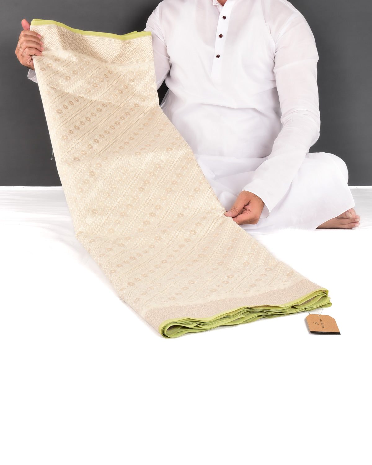 Cream Banarasi Gold Zari & White Resham Alfi Diagonal Buti Cutwork Brocade Handwoven Cotton Silk Saree - By HolyWeaves, Benares