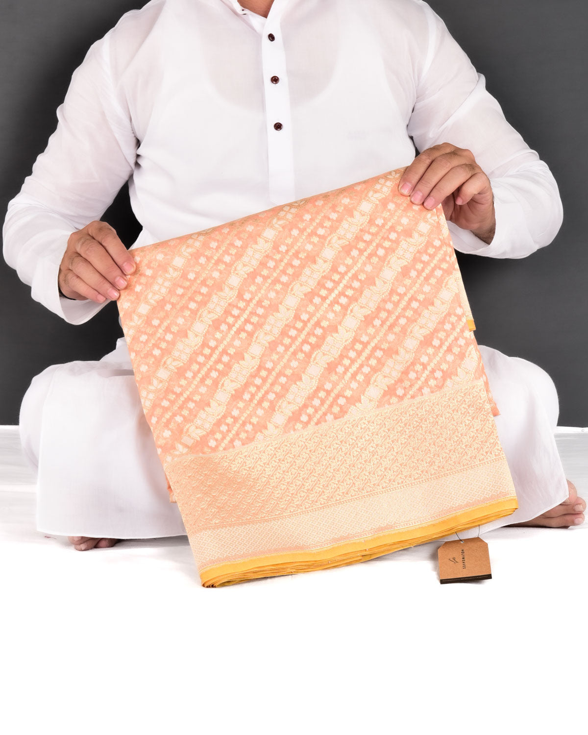 Peach Banarasi Gold Zari & White Resham Alfi Diagonal Buti Cutwork Brocade Handwoven Cotton Silk Saree - By HolyWeaves, Benares