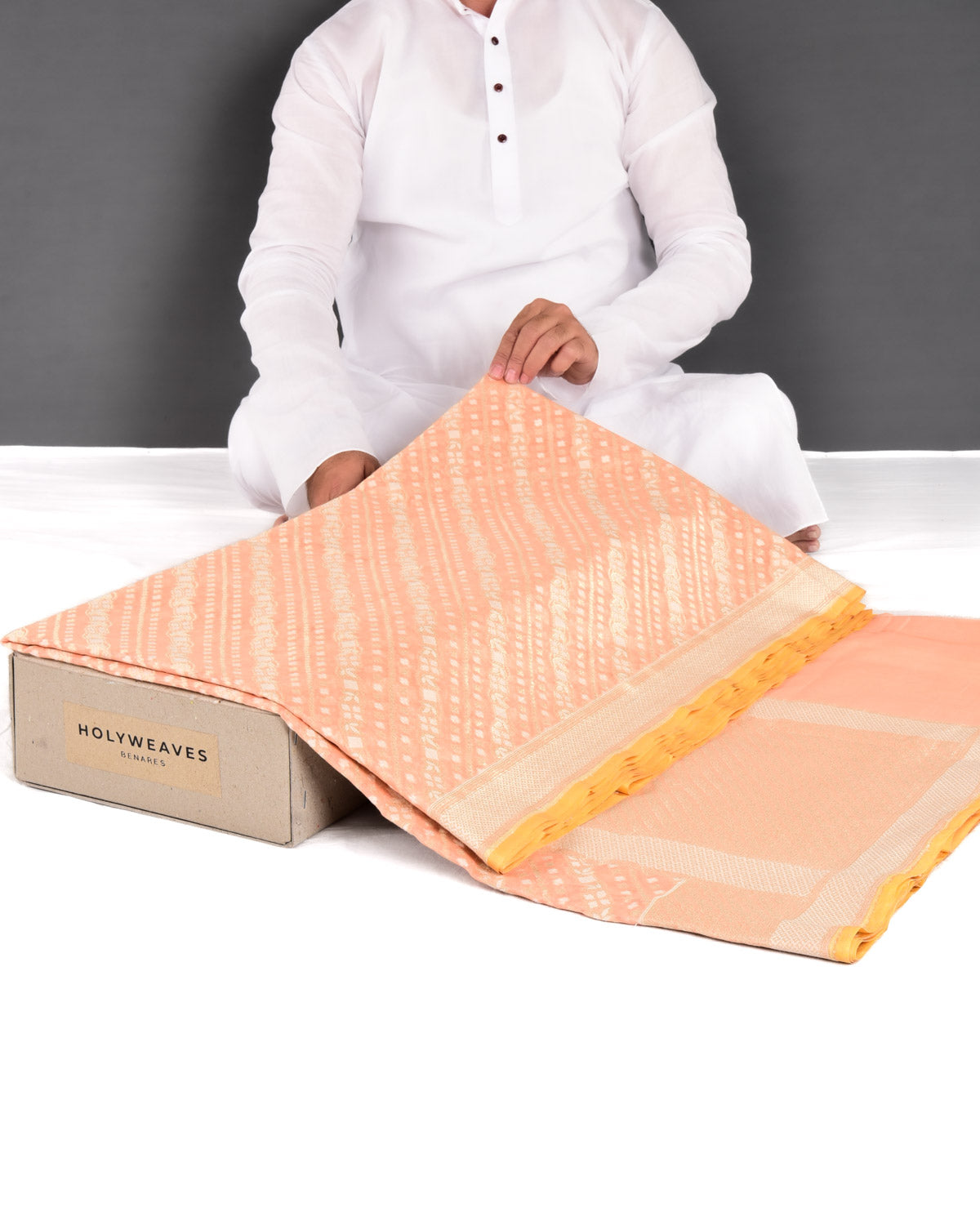Peach Banarasi Gold Zari & White Resham Alfi Diagonal Buti Cutwork Brocade Handwoven Cotton Silk Saree - By HolyWeaves, Benares
