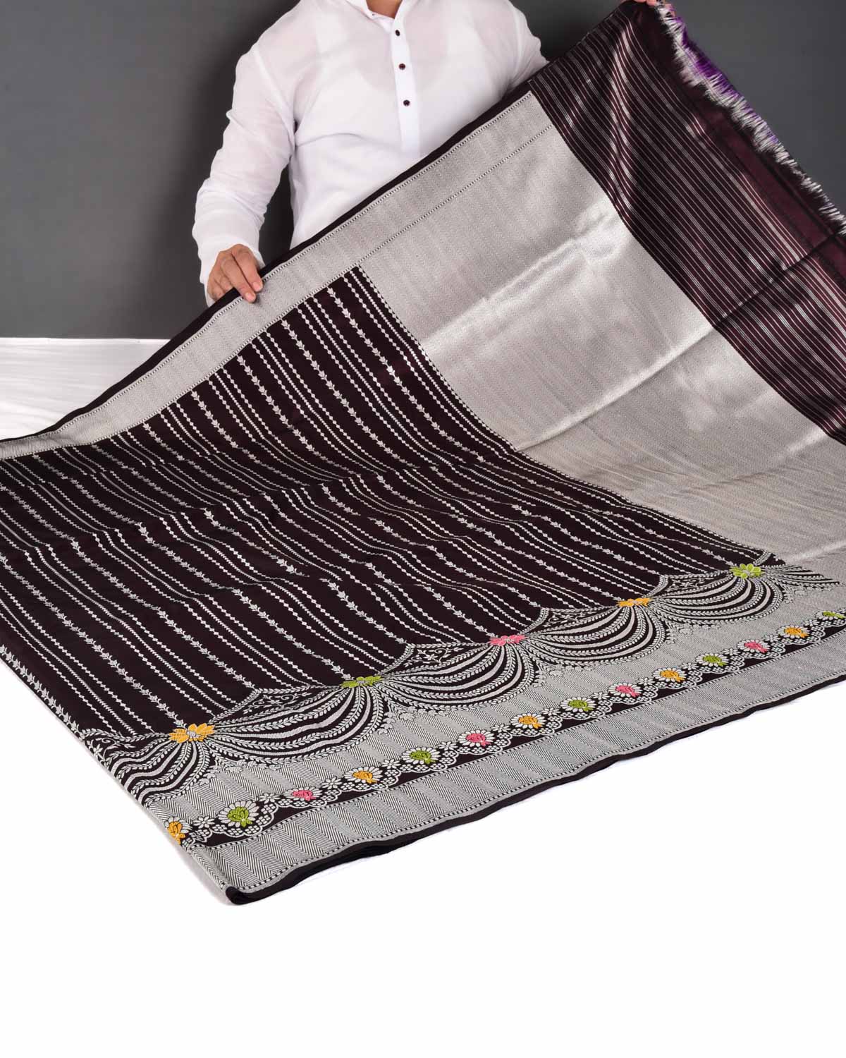 Black Coffee Brown Banarasi Silver Zari Ornament Stripes Kadhuan Brocade Handwoven Katan Silk Saree - By HolyWeaves, Benares