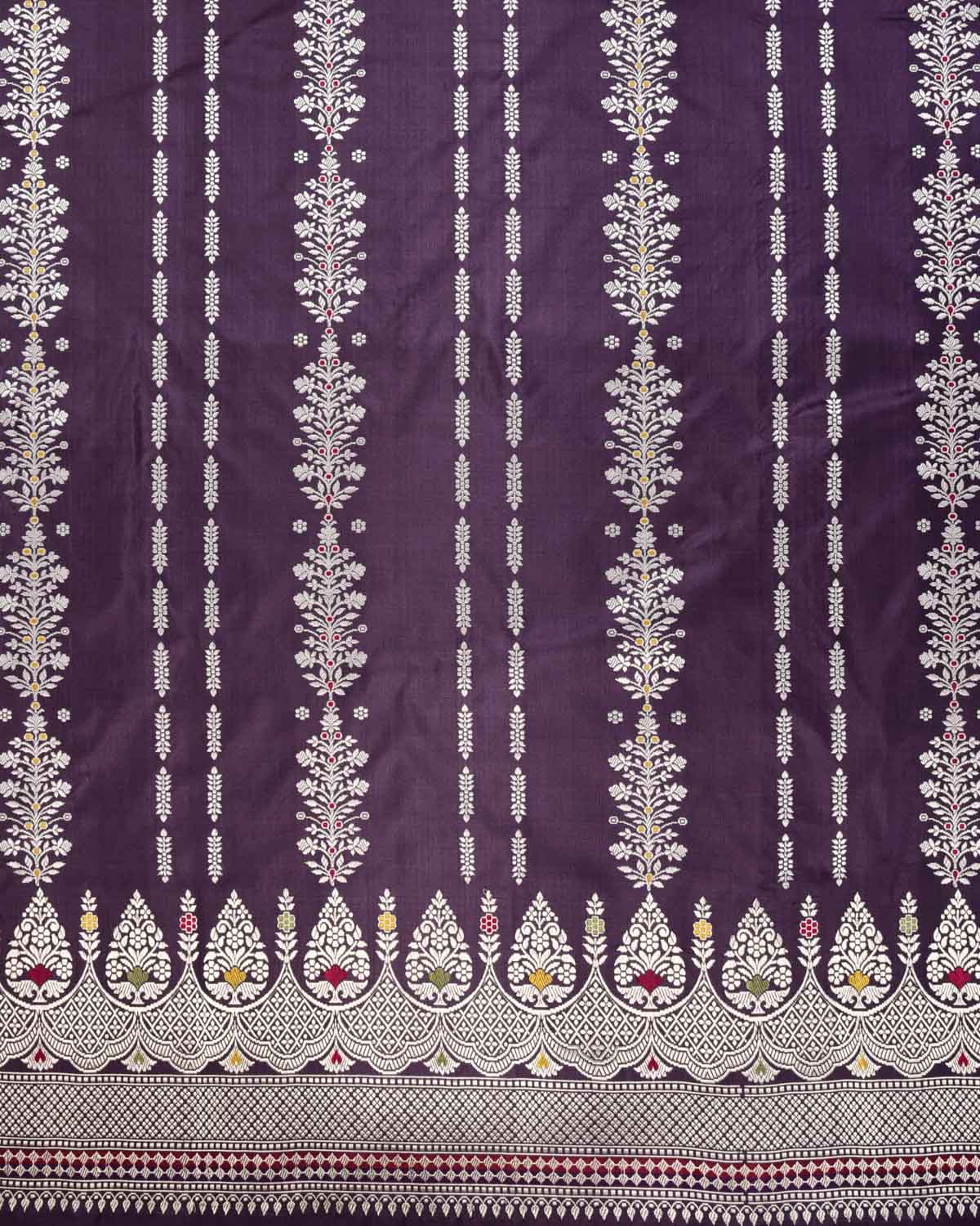 Deep Lilac Banarasi Silver Zari Floral Stripes Kadhuan Brocade Handwoven Katan Silk Saree - By HolyWeaves, Benares