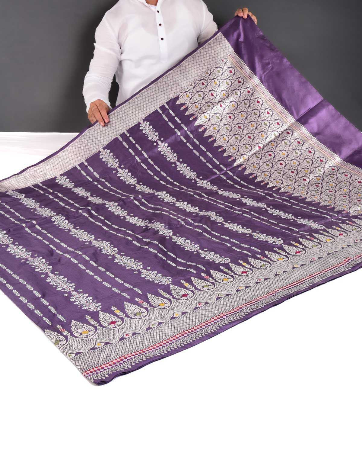 Deep Lilac Banarasi Silver Zari Floral Stripes Kadhuan Brocade Handwoven Katan Silk Saree - By HolyWeaves, Benares