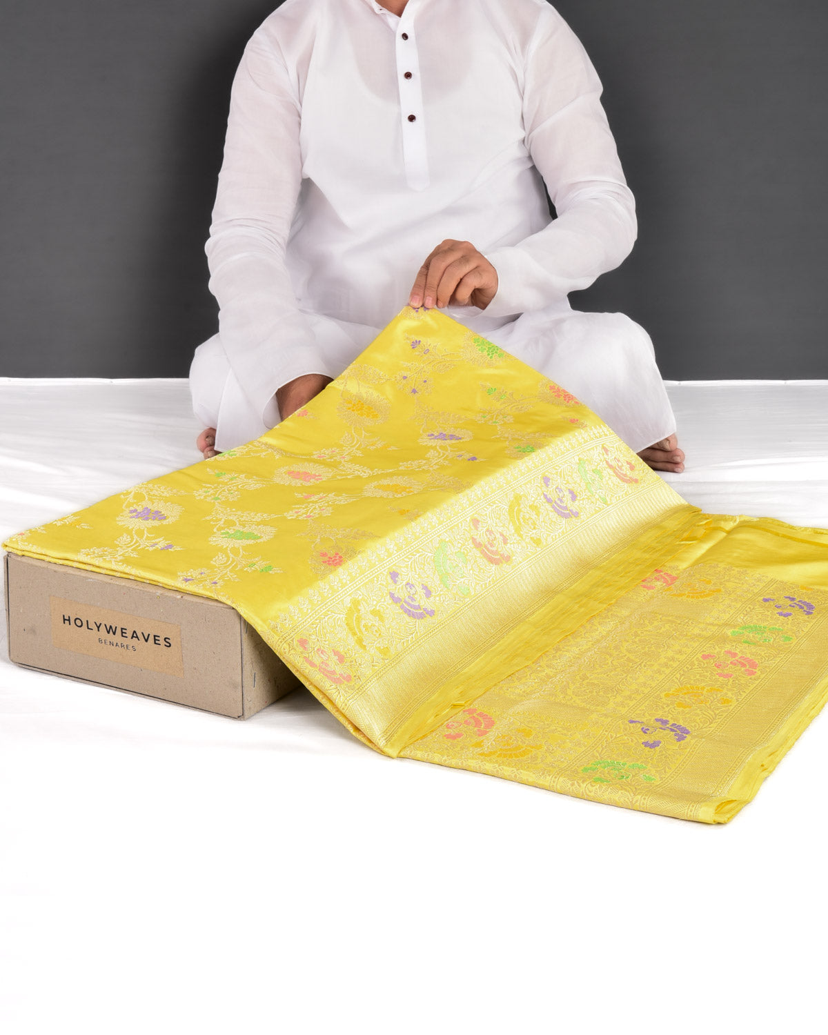 Lemon Yellow Banarasi Gold Zari & Resham Kadhuan Brocade Handwoven Katan Silk Saree - By HolyWeaves, Benares