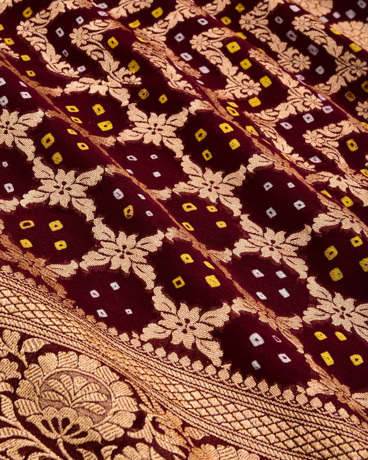 Maroon Banarasi Cutwork Brocade Handwoven Khaddi Georgette Saree with White & Yellow Bandhej - By HolyWeaves, Benares