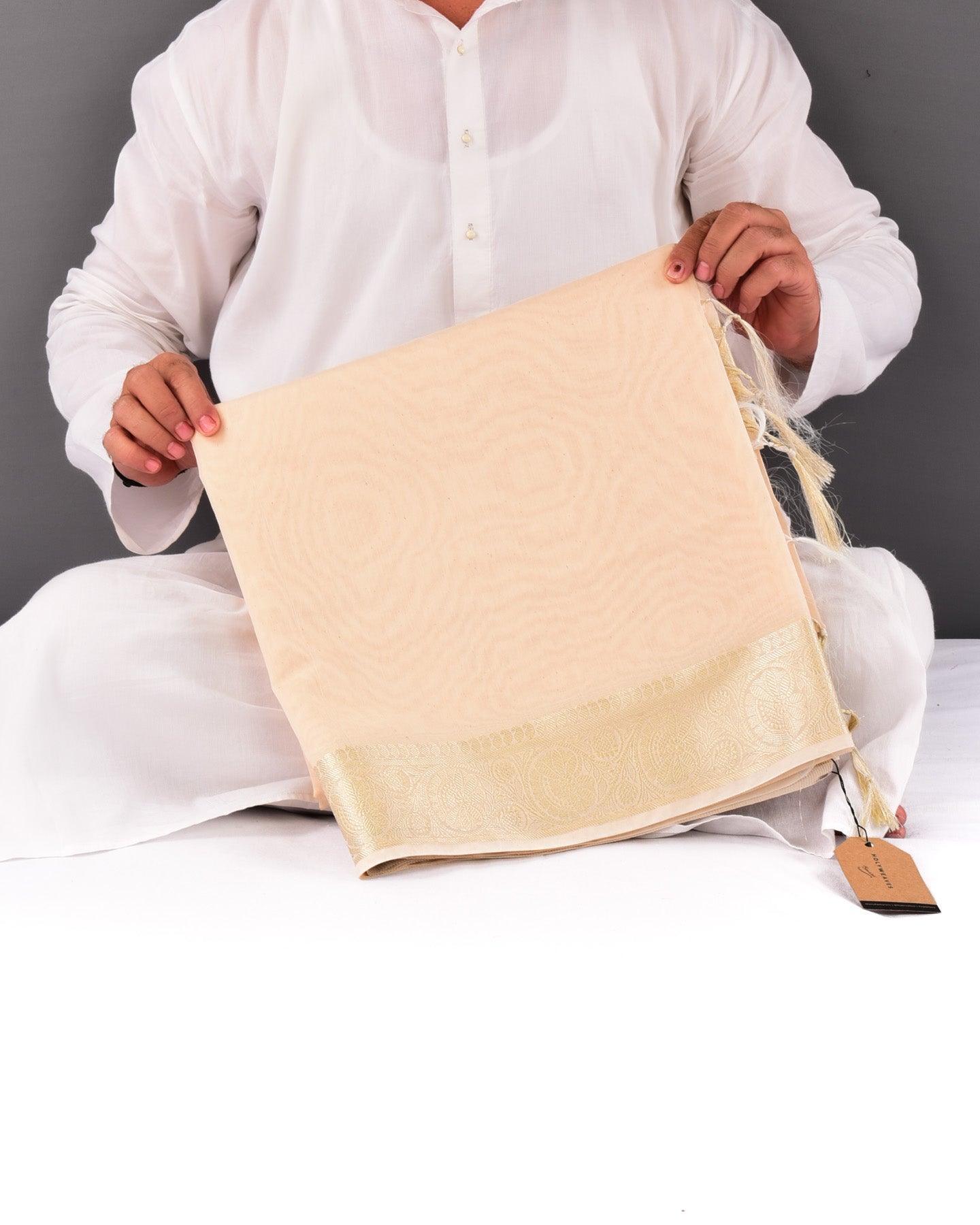 Almond White Banarasi Contemporary Brocade Woven Cotton Silk Saree with Zari Border - By HolyWeaves, Benares