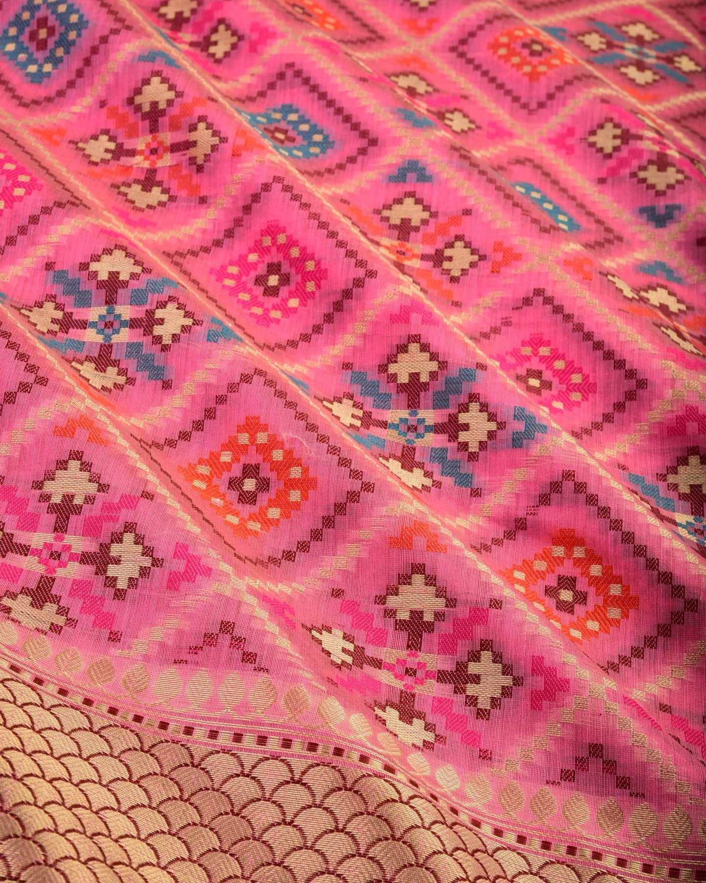 Amaranth Pink Banarasi Patola Cutwork Brocade Woven Cotton Silk Saree - By HolyWeaves, Benares