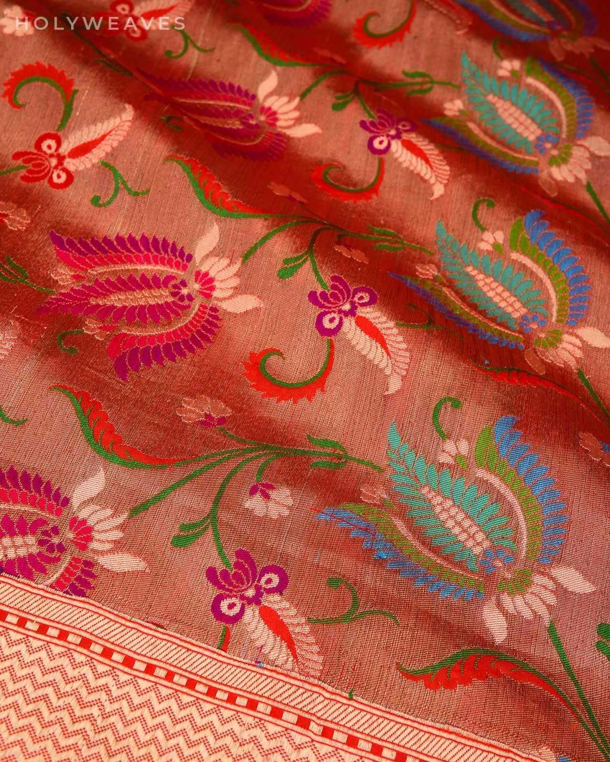 Antique Gold Banarasi 6-color Meena Jaal Cutwork Brocade Handwoven Katan Silk Saree - By HolyWeaves, Benares