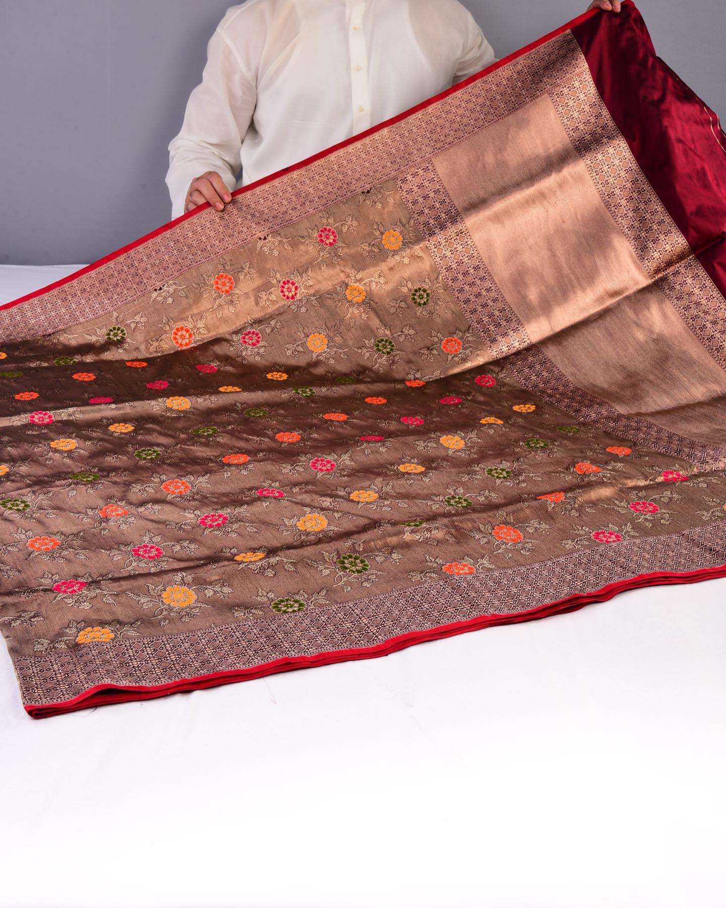 Antique Gold Banarasi Meena Jaal All-over Kadhuan Brocade Handwoven Katan Tissue Saree - By HolyWeaves, Benares