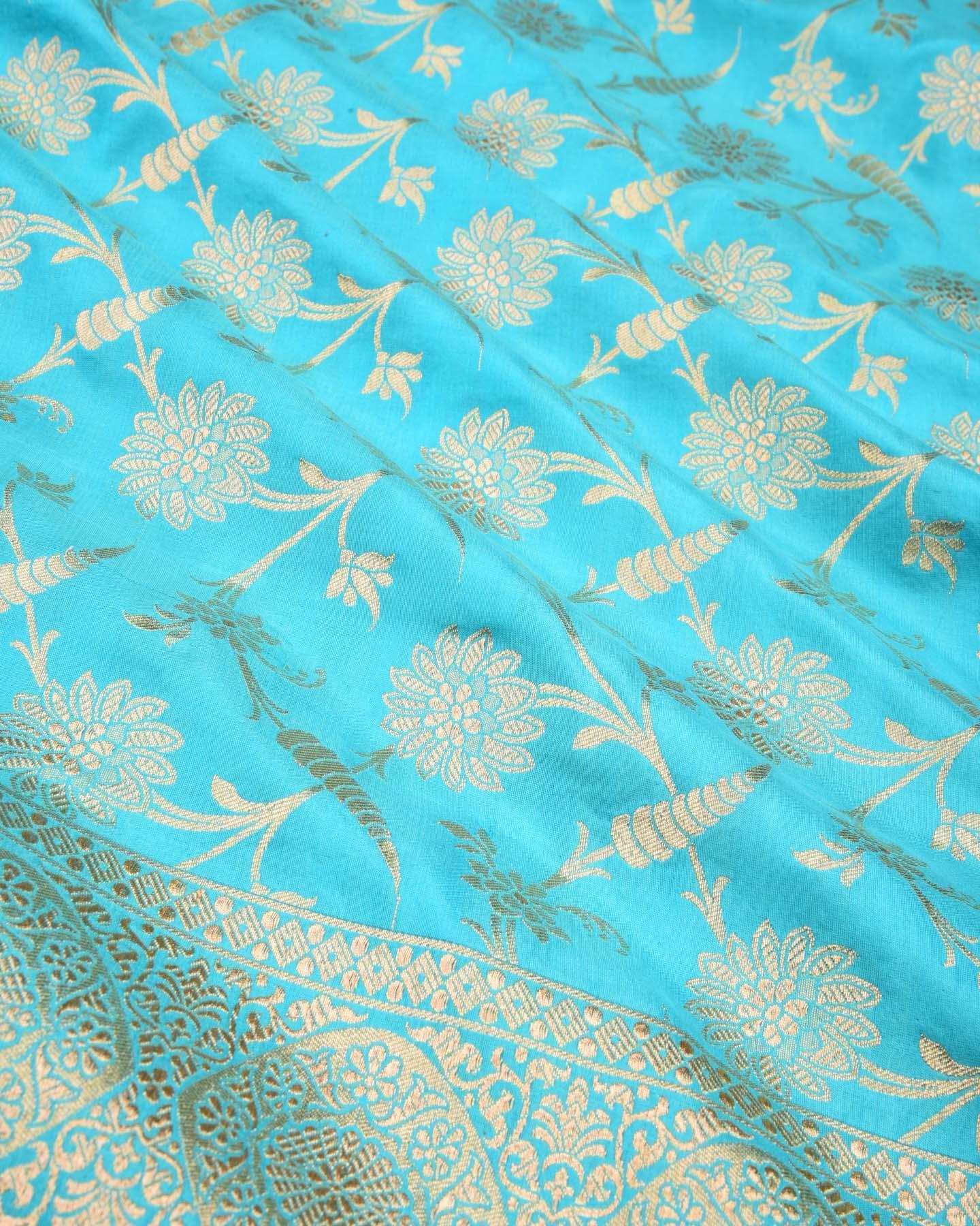 Aqua Blue Banarasi Floral Jaal Gold Zari Cutwork Brocade Handwoven Katan Silk Saree - By HolyWeaves, Benares
